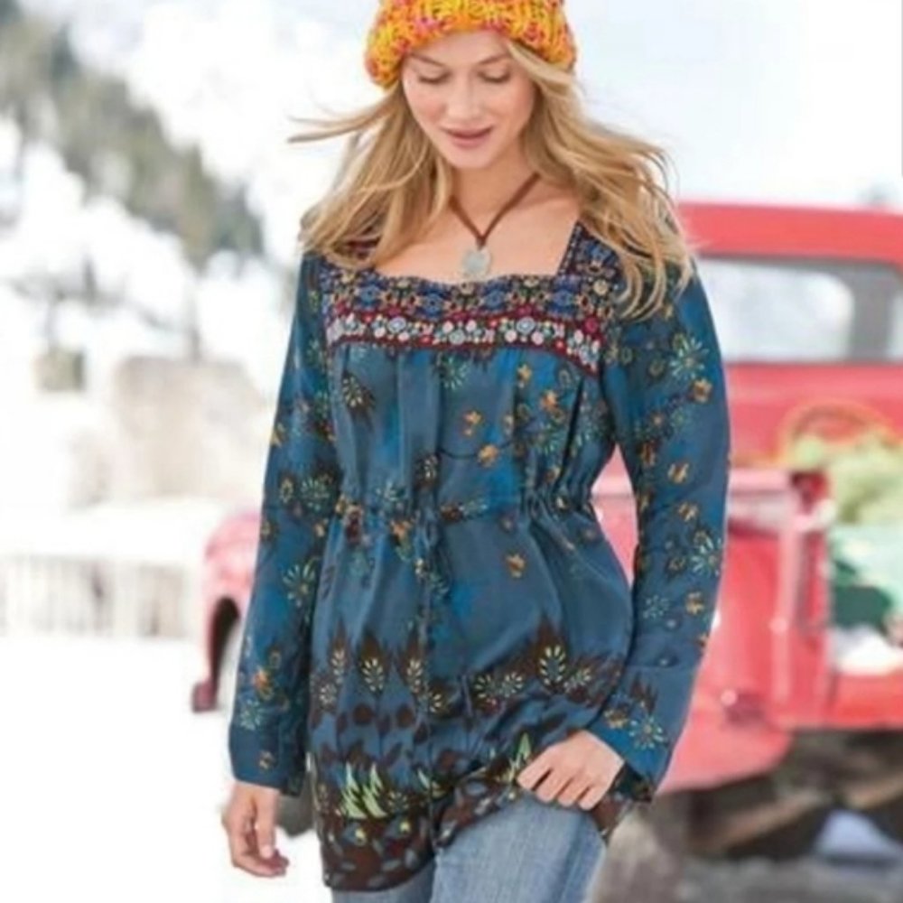 Sundance Catalog M Silk Tunic Top Embroidered Long Sleeve Art-to-Wear Floral